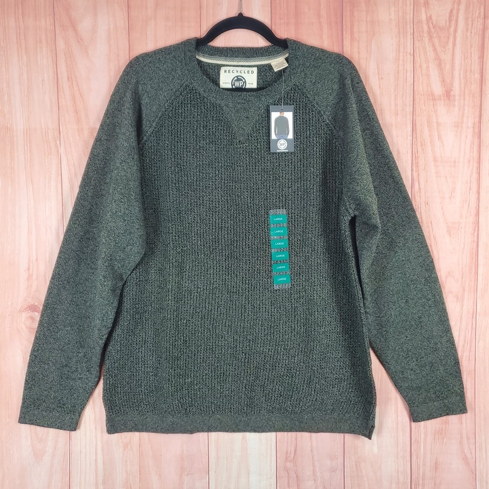 Weatherproof Sweater Mens Large Green Cotton Tight Knit Sleeve Thermal